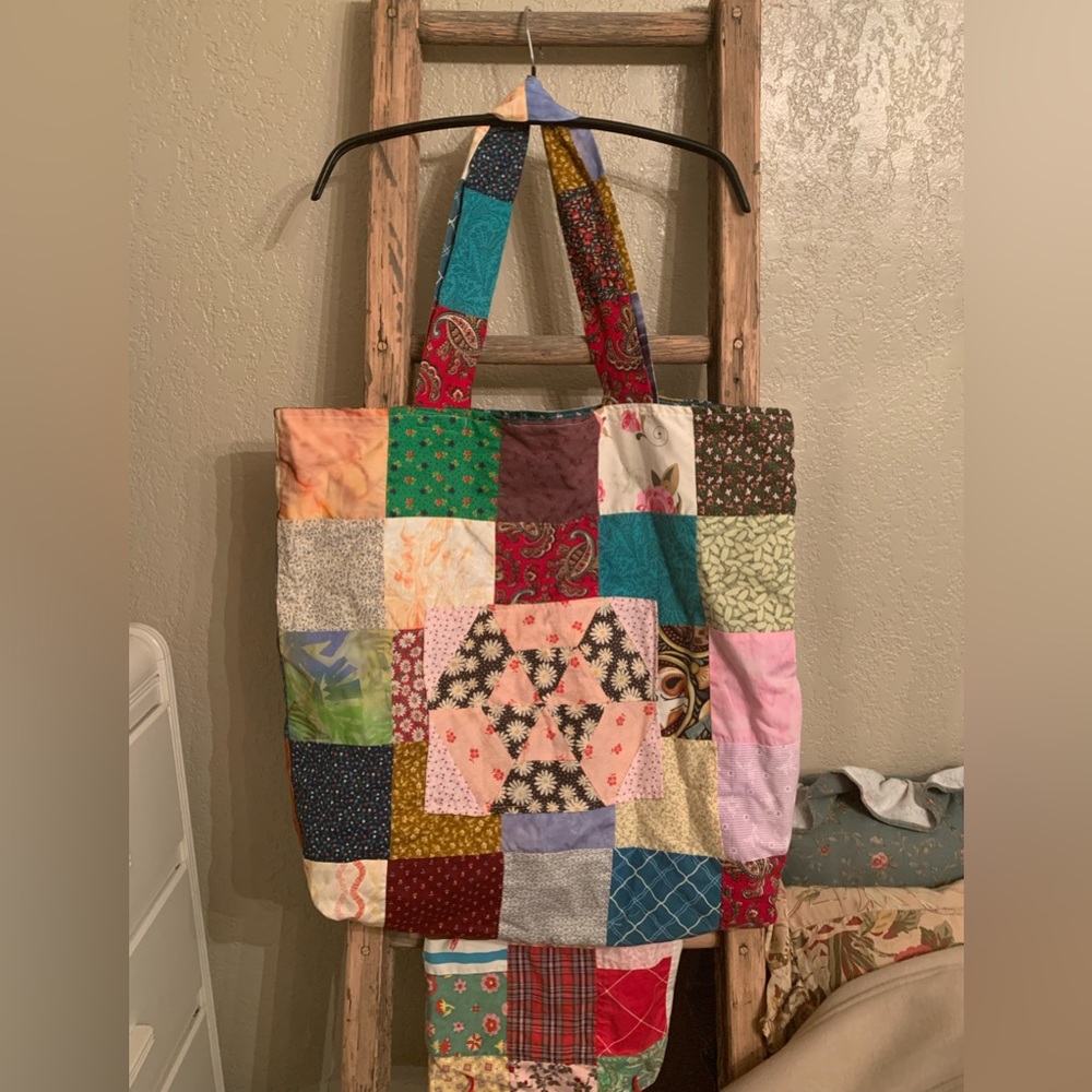 Handmade quilt squares tote bag